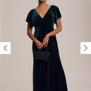 Jenny Yoo Ellis Flutter-Sleeve Open-Back Velvet Gown (Dark Emerald)